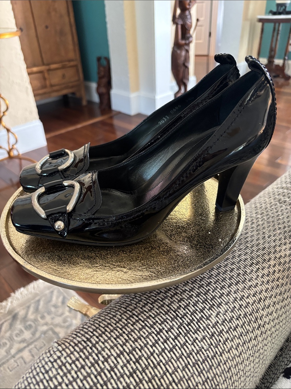 Sergio Rossi Black Patent Heels with Silver Buckle